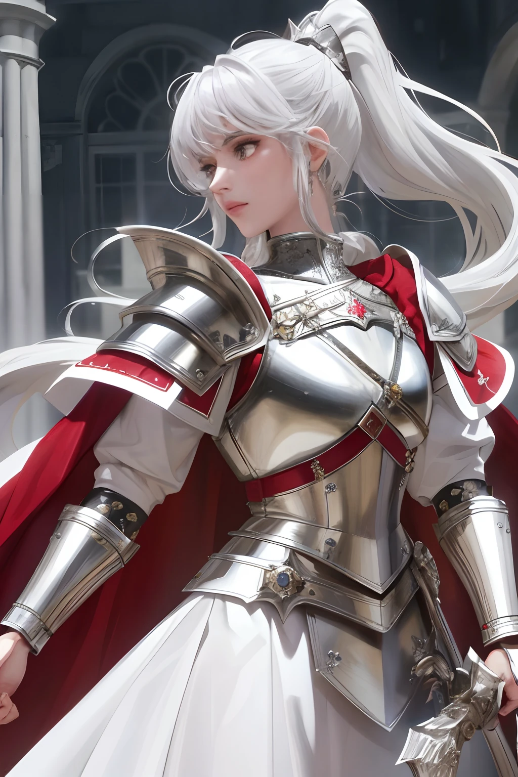 8k, best quality, masterpiece, highly detailed, semi realistic, 1 girl, mature female, 20 years old, silver white long hair, high ponytail, bangs, red pupils, silver white armor, white fluffy skirt, silver iron boots, red white fluffy brimmed cloak, wielding sword, knight, coronation ceremony
