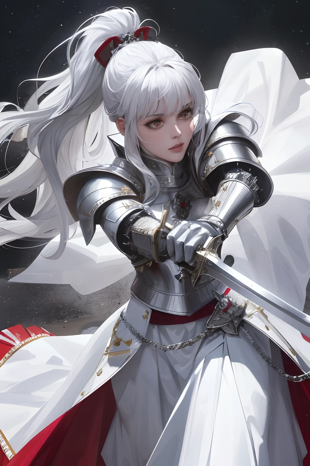 8k, best quality, masterpiece, highly detailed, semi realistic, 1 girl, mature female, 20 years old, silver white long hair, high ponytail, bangs, red pupils, silver white armor, white fluffy skirt, silver iron boots, red white fluffy brimmed cloak, wielding sword, knight, coronation ceremony