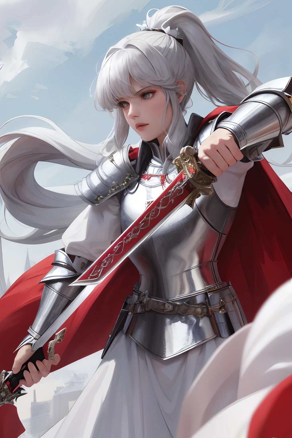 8k, best quality, masterpiece, highly detailed, semi realistic, 1 girl, mature female, 20 years old, silver white long hair, high ponytail, bangs, red pupils, silver white armor, white fluffy skirt, silver iron boots, red white fluffy brimmed cloak, wielding sword, knight, coronation ceremony