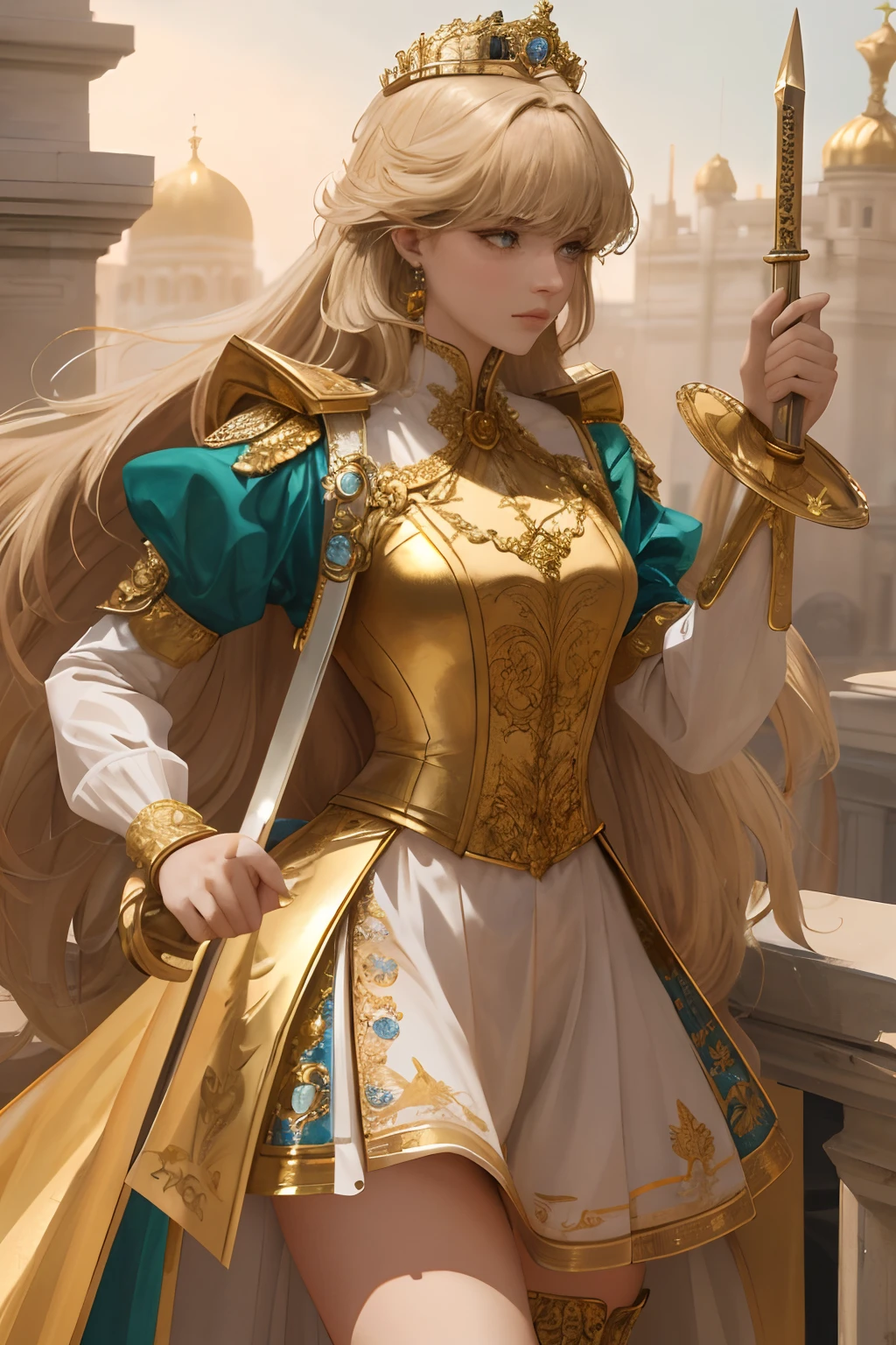 8k, the best quality, masterpiece, highly detailed, semi realistic, 1 girl, young woman, green and astringent, 19 years old, golden long hair, right eye covered by Bangs, blue right eye, jewelry crown, palace style white and gold short skirts, golden iron boots, slim figure, holding a sword, proud and disdainful