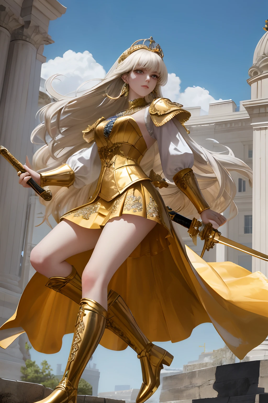 8k, the best quality, masterpiece, highly detailed, semi realistic, 1 girl, young woman, green and astringent, 19 years old, golden long hair, right eye covered by Bangs, blue right eye, jewelry crown, palace style white and gold short skirts, golden iron boots, slim figure, holding a sword, proud and disdainful