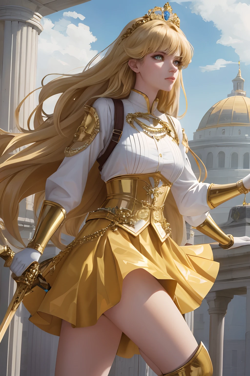 8k, the best quality, masterpiece, highly detailed, semi realistic, 1 girl, young woman, green and astringent, 19 years old, golden long hair, right eye covered by Bangs, blue right eye, jewelry crown, palace style white and gold short skirts, golden iron boots, slim figure, holding a sword, proud and disdainful