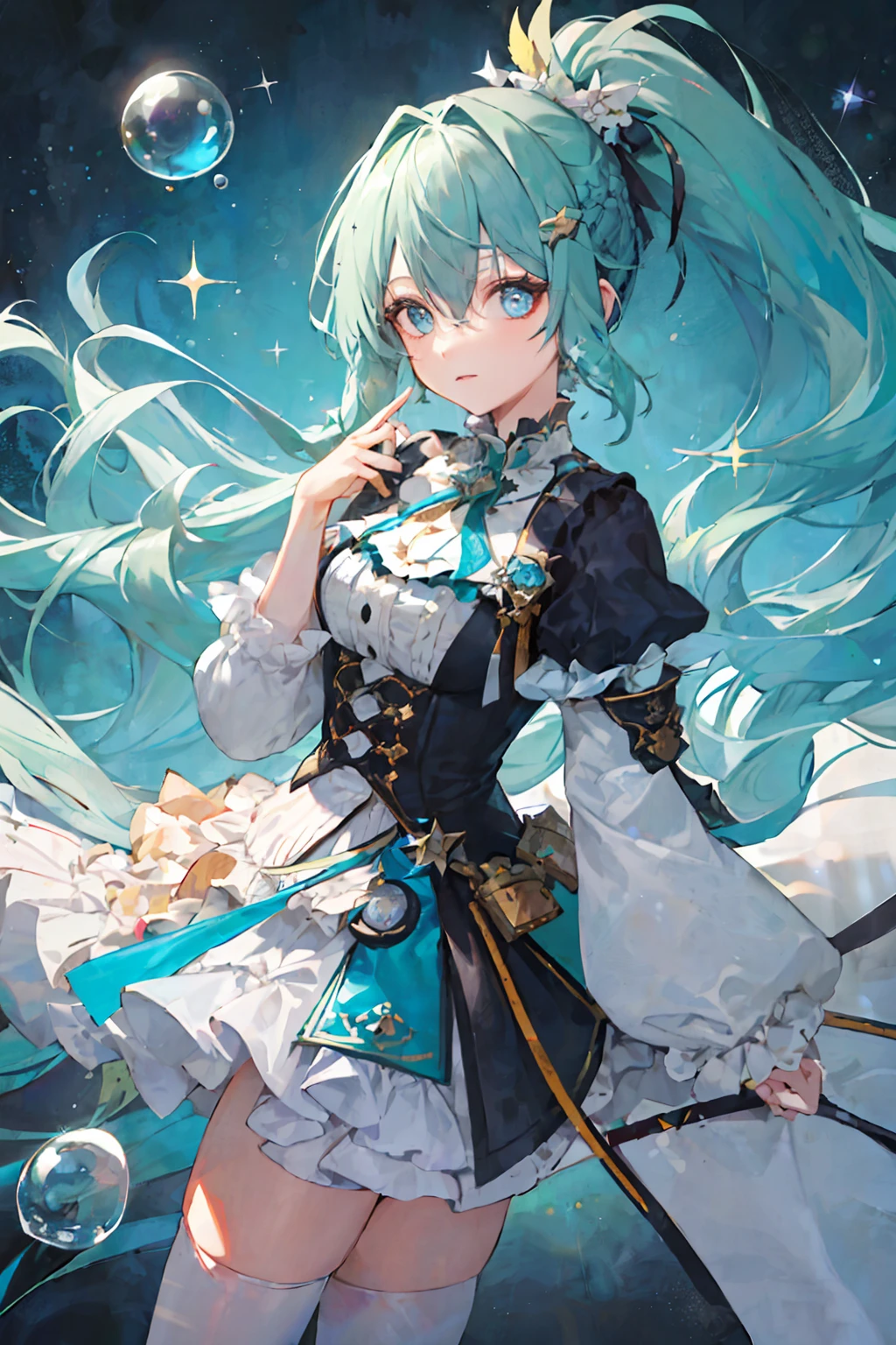 (masterpiece), (best quality), (super detail), (messy hair), (illustration), (1 girl) (long blue-green hair 1.5) (blue eyes) (double ponytail 2.0), (stylish outfit), standing, fashion model, looking at audience, (interview), (simple background), beautiful detailed eyes, delicate pretty face, floating, (high saturation), (colorful glitter) , colorful bubbles, (glitter), focus on the face