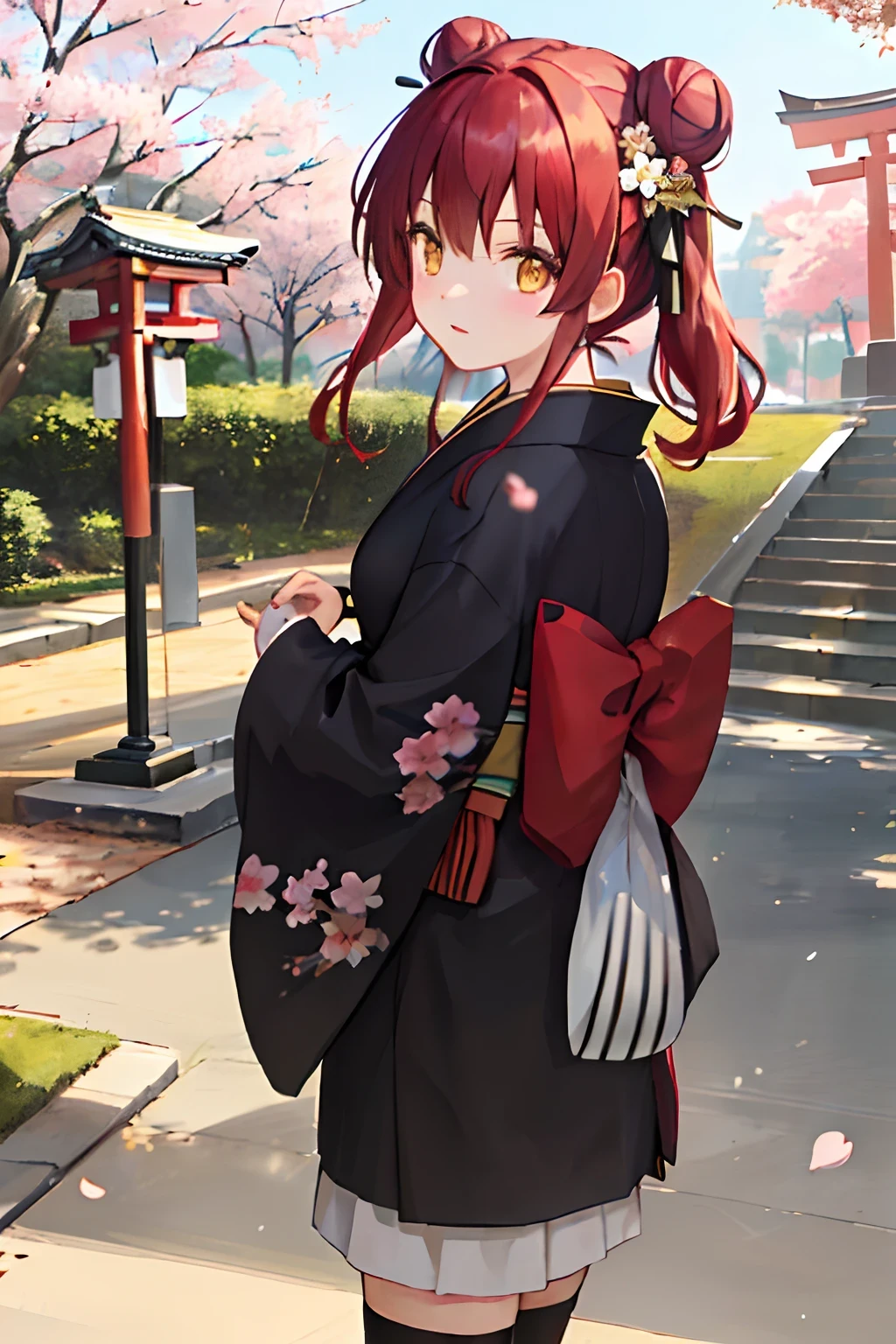 ((masterpiece,best quality)),2girls, black kimono, black legwear, black ribbon, black hair, cherry blossoms, day, flower, hair bun, hair ribbon, japanese clothes, kimono, long hair, looking at viewer, looking back, multiple girls, obi, outdoors, red eyes, red hair, ribbon, sandals, single hair bun, stairs, standing, statue, torii, tree, white kimono, yellow eyes