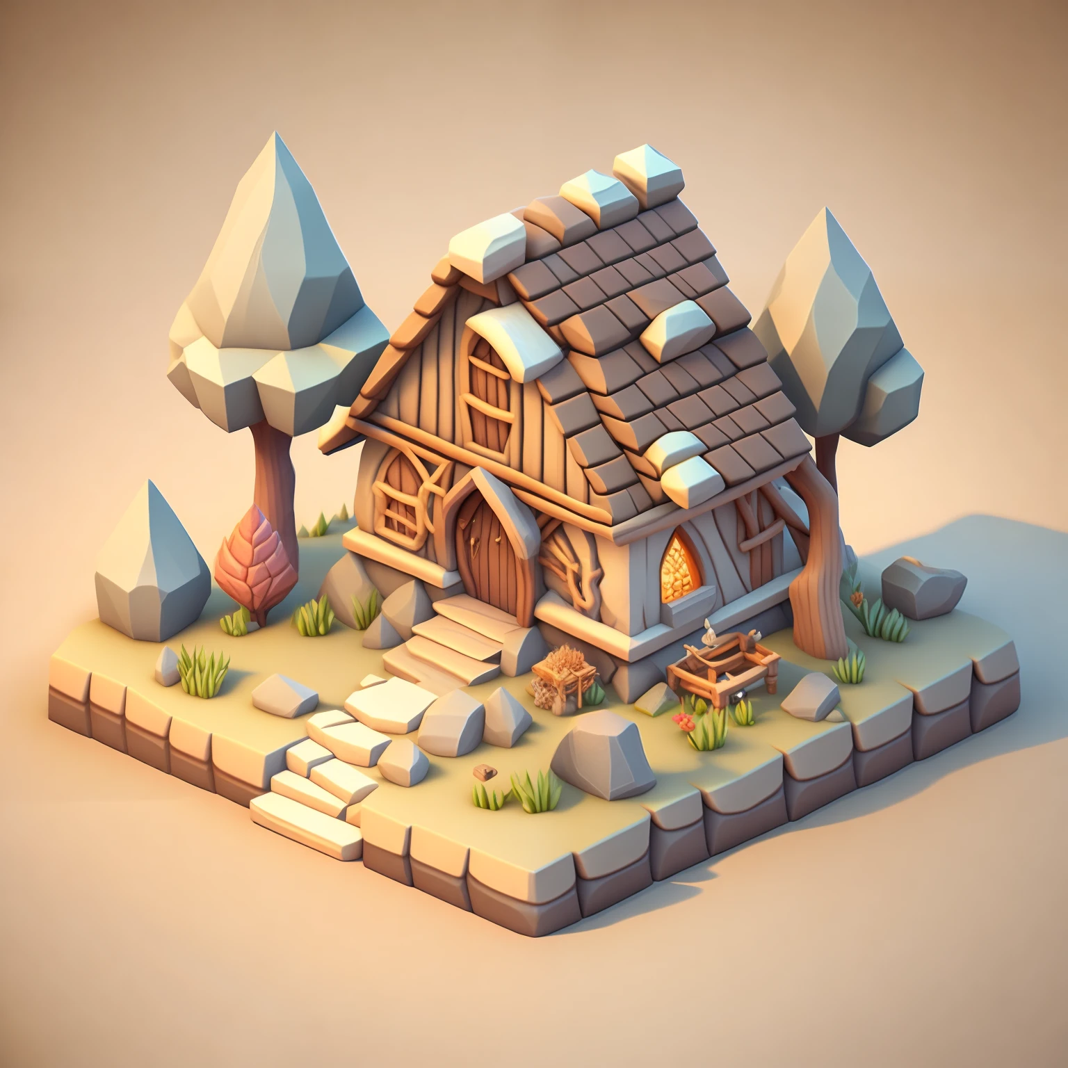 isometric house, RPG style, cartoony, DnD, fantasy, mobile game，primitive man，animal bone，stone，wood