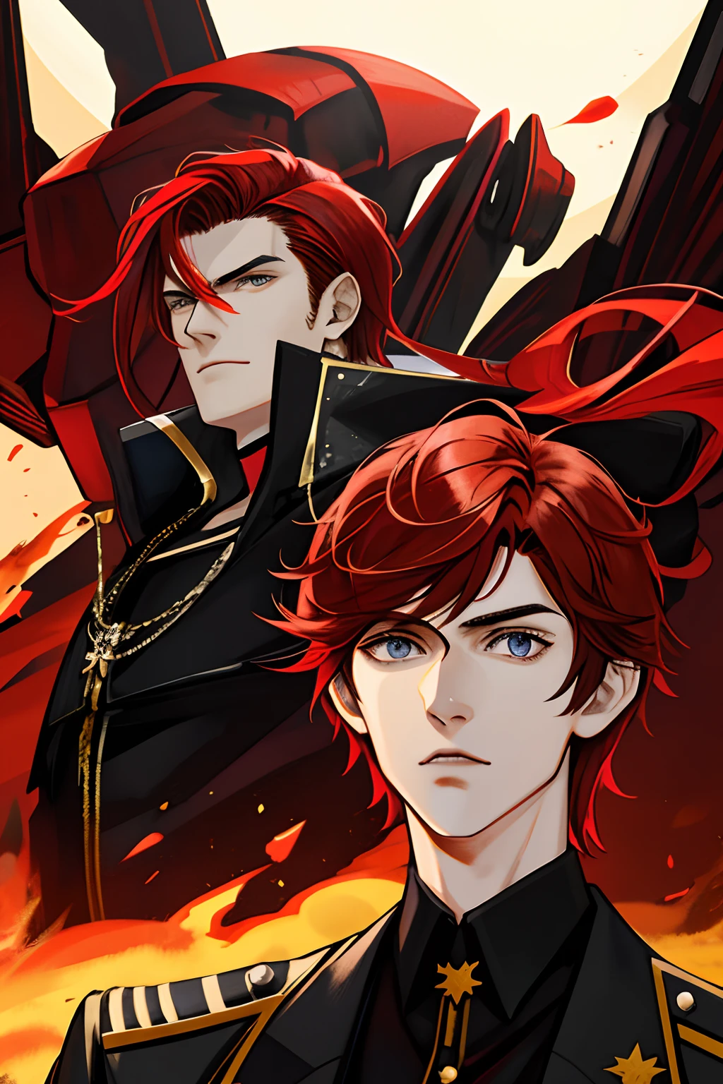 (Masterpiece: 1.2, Best Quality), 1 person, adult, mature, tall muscular male, red hair, reddish brown eyes, (handsome: 1.4), black suit, fantasy, uniform, futuristic technology, fighter jets, sunshine, scenery, extremely detailed face, portrait