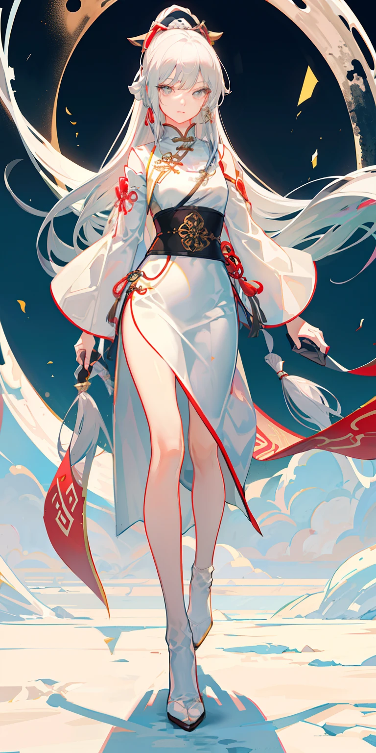 (Representative work: 1.2, best quality), 1 woman, Xiake, Jianghu style, young woman, silver white long hair, long hair, light gray eyes, ancient Chinese style, waist length skirt, three part bangs, slender eyes