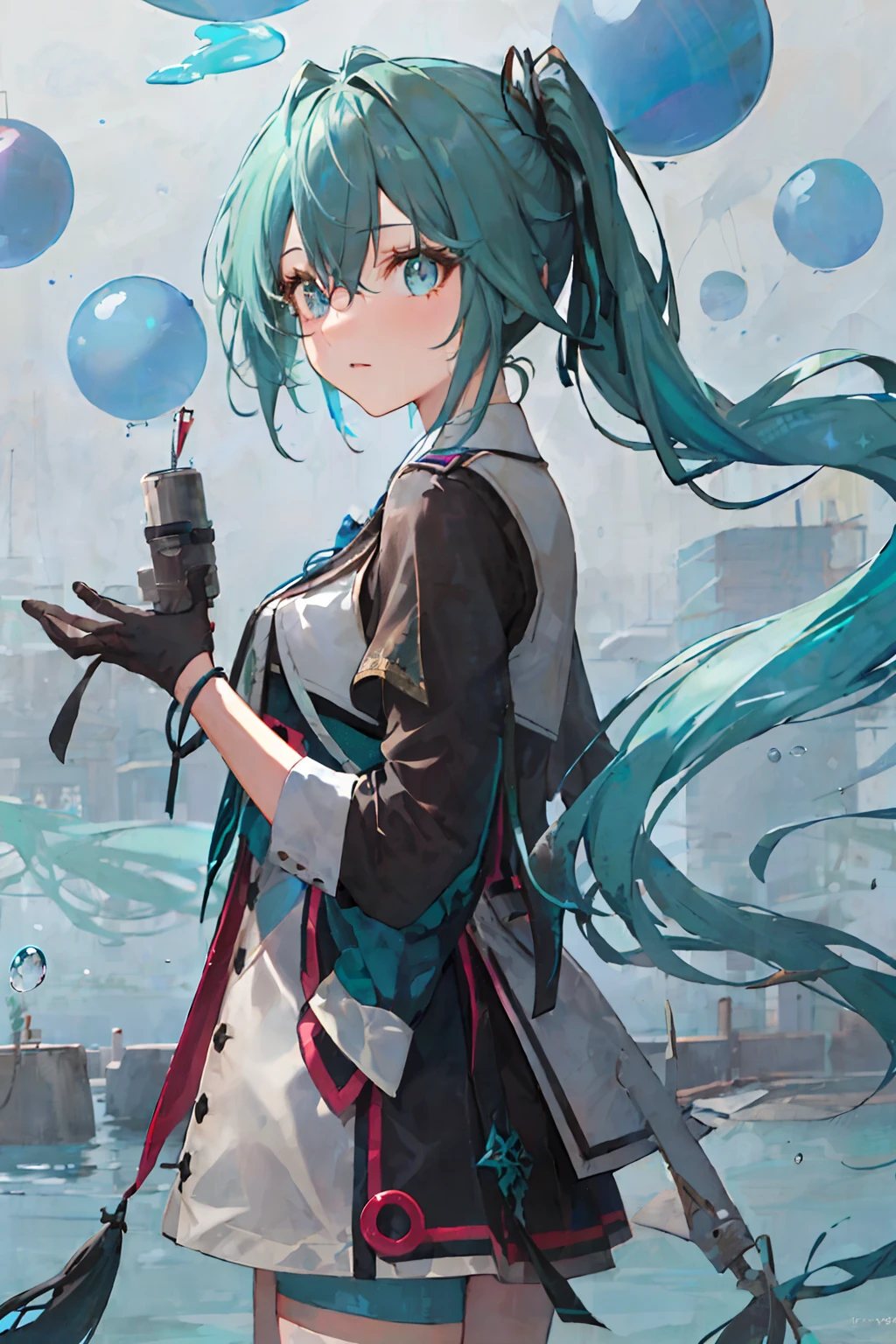 (masterpiece), (best quality), (super detail), (messy hair), (illustration), (1 girl) (long blue-green hair 1.5) (blue eyes) (double ponytail 2.0), (stylish outfit), standing, fashion model, looking at audience, (interview), (simple background), beautiful detailed eyes, delicate pretty face, floating, (high saturation), (colorful glitter) , colorful bubbles, (glitter), focus on the face