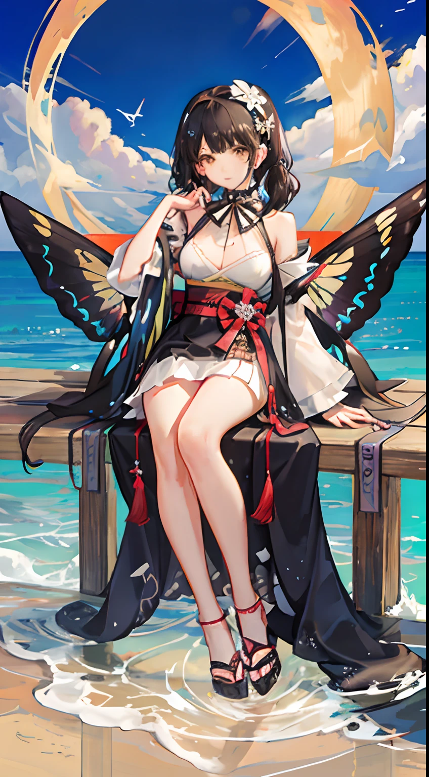 girl,full body,(detailed face:1.2), pure background,masterpiece, fashion,tokyo,harajuku,, medium hair, black hair, twintails, blunt bangs, brown eyes,big butterfly's wings,holy,sit on a big yellow moon,suspended above water