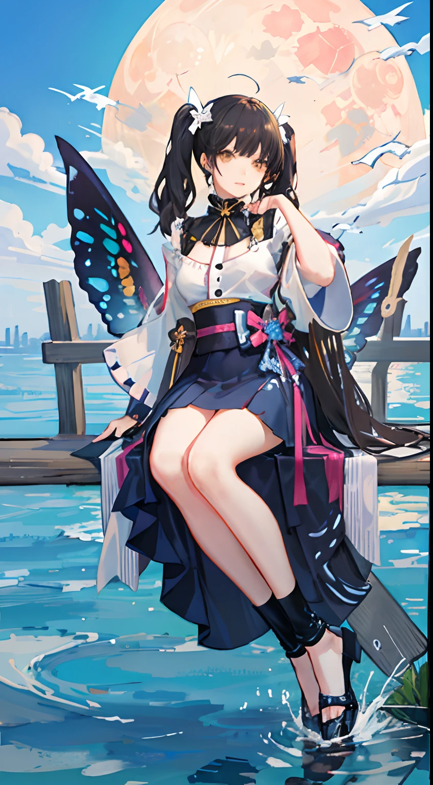 girl,full body,(detailed face:1.2), pure background,masterpiece, fashion,tokyo,harajuku,, medium hair, black hair, twintails, blunt bangs, brown eyes,big butterfly's wings,holy,sit on a big yellow moon,suspended above water,blue star sky