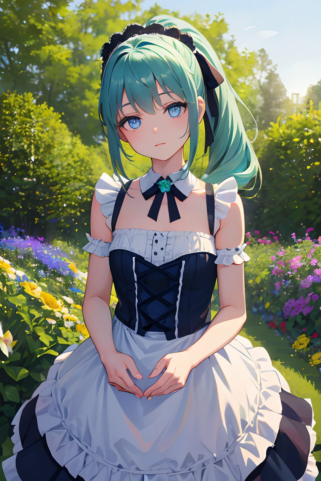 ( girl: 1.5), lace, ribbon, maid outfit, (masterpiece, sidelight, fine beautiful blue eyes: 1.2), masterpiece, realistic, glowing eyes, shiny hair, blue-green hair, long double ponytail, shiny skin, solo, awkward, strapless, delicate, beautiful, garden, flower, flying petals,