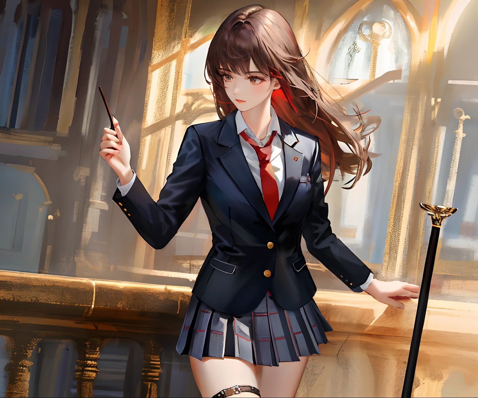 (Masterpiece: 1.2, Best Quality), Bangs, 1 girl, solo, white collar shirt, red tie, dark brown Western school uniform jacket, dark brown pleated skirt, calf socks, leather shoes, anatomical structure, brown long hair, brown eyes, slender eyes