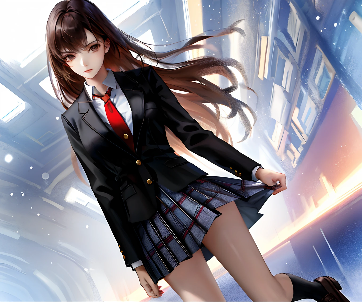 (Masterpiece: 1.2, Best Quality), Bangs, 1 girl, solo, white collar shirt, red tie, dark brown Western school uniform jacket, dark brown pleated skirt, calf socks, leather shoes, anatomical structure, brown long hair, brown eyes, slender eyes