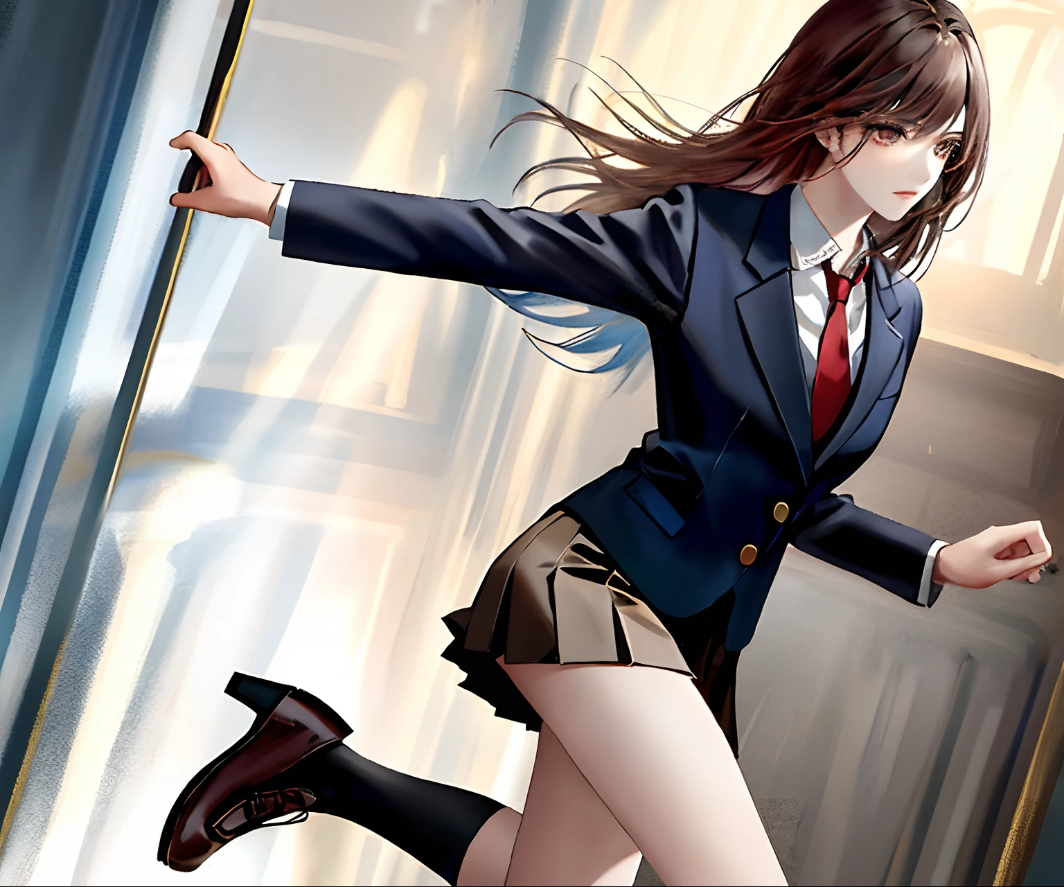 (Masterpiece: 1.2, Best Quality), Bangs, 1 girl, solo, white collar shirt, red tie, dark brown Western school uniform jacket, dark brown pleated skirt, calf socks, leather shoes, anatomical structure, brown long hair, brown eyes, slender eyes