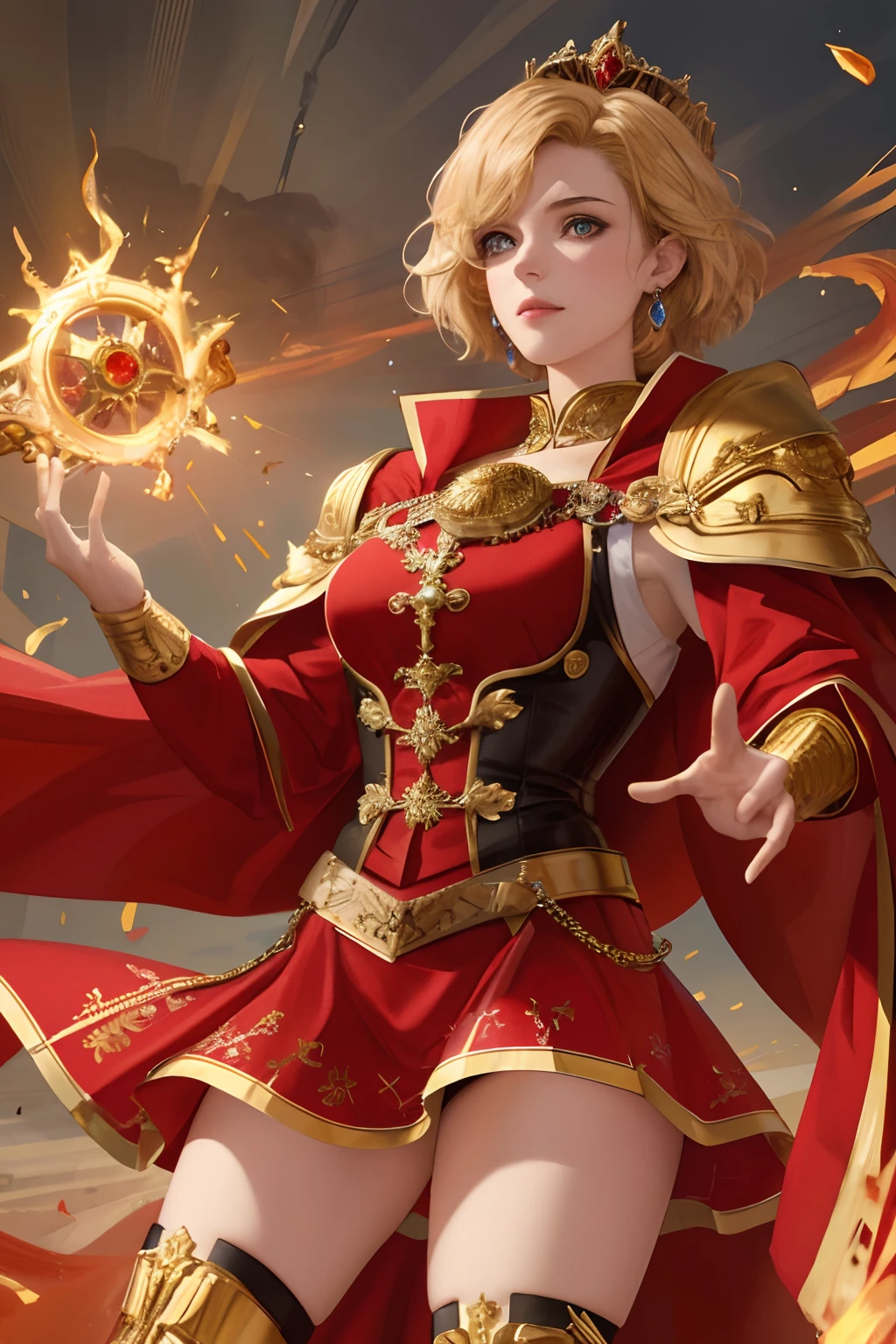 8K,Best quality, masterpiece, highly detailed, semi realistic, 1 girl, mature female, 21 years old, golden short hair, left eye covered by hair, blue right eye emitting red flames, crown made of gemstone gold, king's clothing, red cloak, court style short skirt, golden iron boots, slim figure
