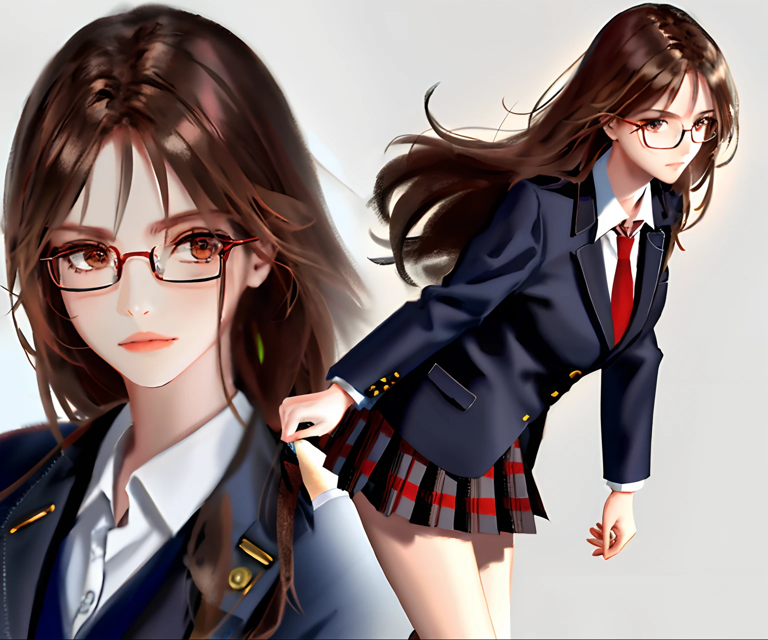 8K，Bangs, 1 girl, solo, white collar shirt, red tie, dark brown Western school uniform jacket, dark brown pleated skirt, calf socks, leather shoes, anatomical structure, brown long hair, brown eyes, slender eyes，eyeglass