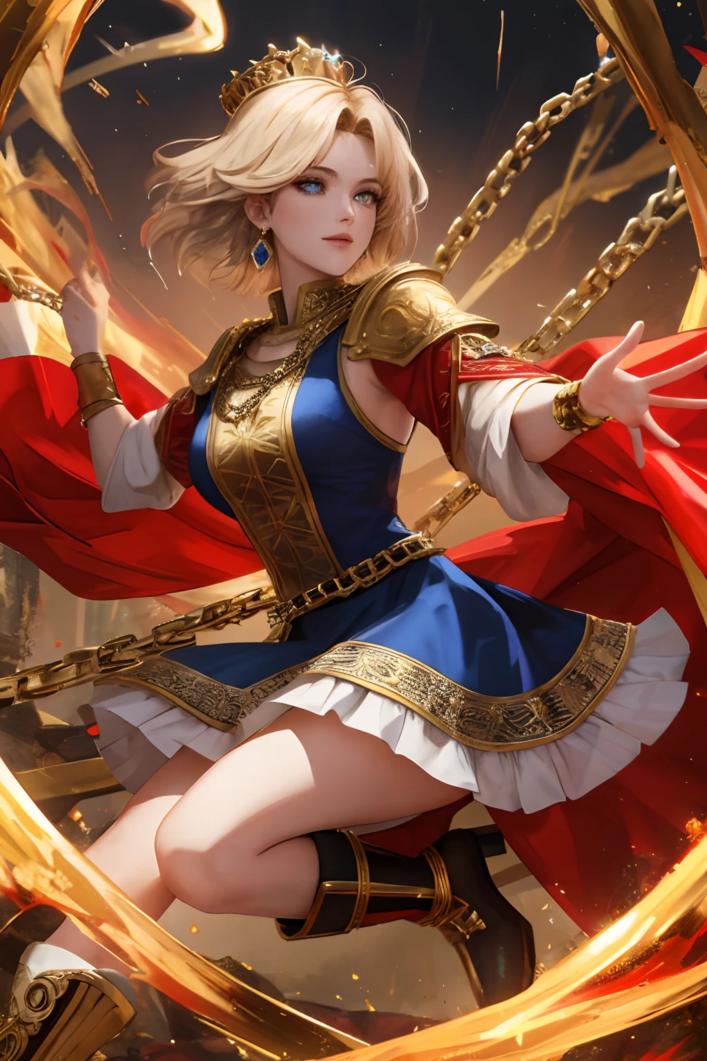 8K, best quality, masterpiece, highly detailed, semi realistic, 1 girl, mature female, 21 years old, golden short hair, left eye covered by hair, blue right eye emitting red flames, crown made of gemstone gold, king's clothing, red cloak, palace style short skirt, golden iron boots, slim figure, chain, chain layout, chain summoning, battle elements