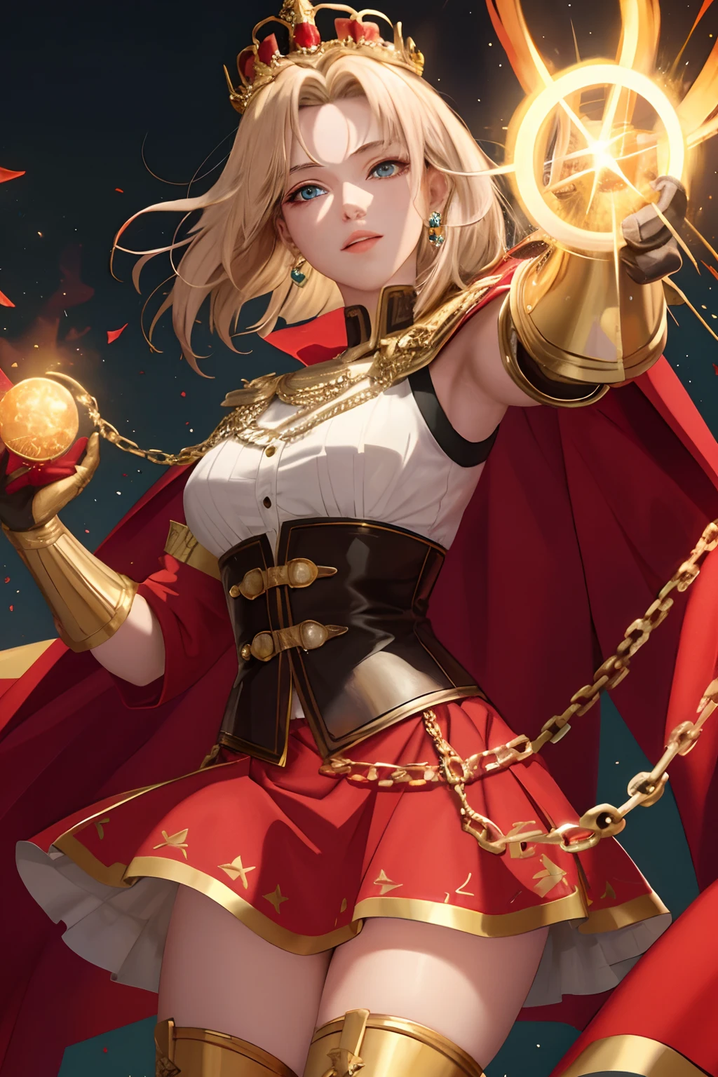 8K, best quality, masterpiece, highly detailed, semi realistic, 1 girl, mature female, 21 years old, golden short hair, left eye covered by hair, blue right eye emitting red flames, crown made of gemstone gold, king's clothing, red cloak, palace style short skirt, golden iron boots, slim figure, chain, chain layout, chain summoning, battle elements