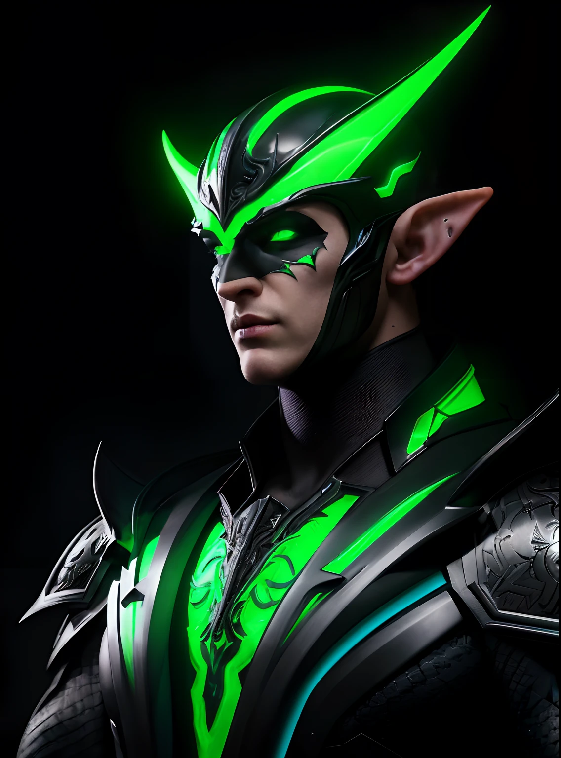 A hyper-realistic digital portrait of a powerful male elf king with a combination of a sci-fi and fantasy aesthetic
He stands tall and regal on a mysterious and eerie forest battleground
His elven body is adorned in a venomous-looking armor with glowing neon green highlights
The intricate details of his muscular physique and the metallic components of his suit are captured in stunning realism
The artist used a dark color scheme to create an intense and dramatic atmosphere with occasional pops of neon green
The 3D modeling and rendering techniques were utilized to make the character look lifelike and tangible
The final result is a breathtaking piece that captures the essence of this majestic and fantastical figure.