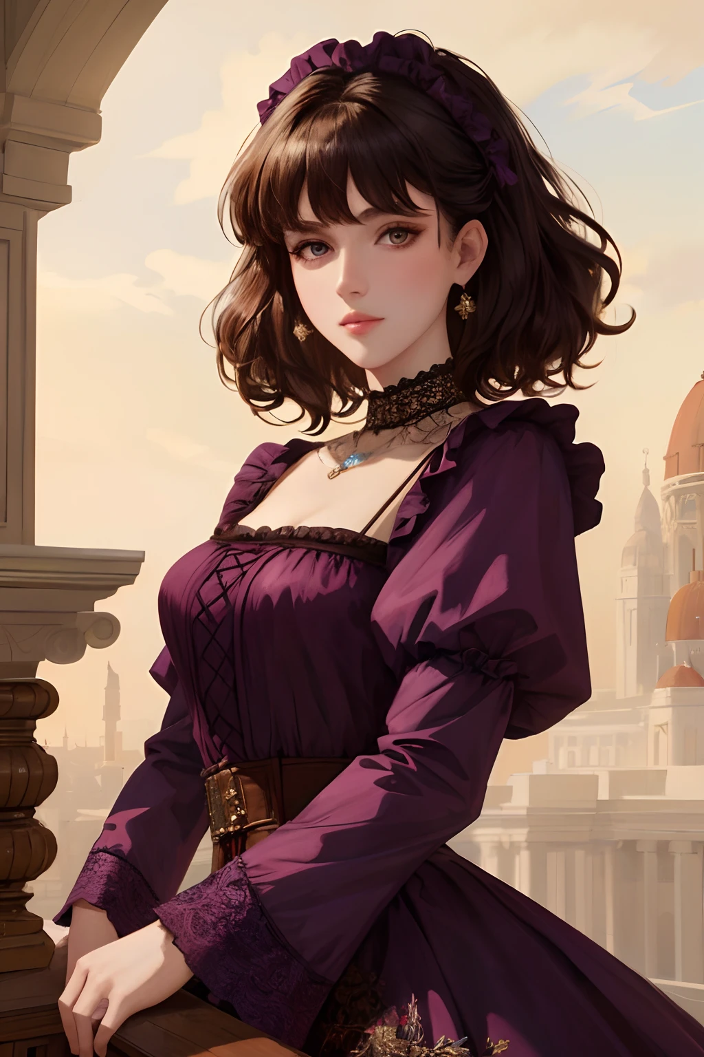 8k, best quality, masterpiece, highly detailed, semi realistic, 1 girl, young woman, 20 years old, dark brown short hair, curly hair, bangs, deep purple eyes, ta style, court top long dress, puffy skirt, slim figure, no headwear