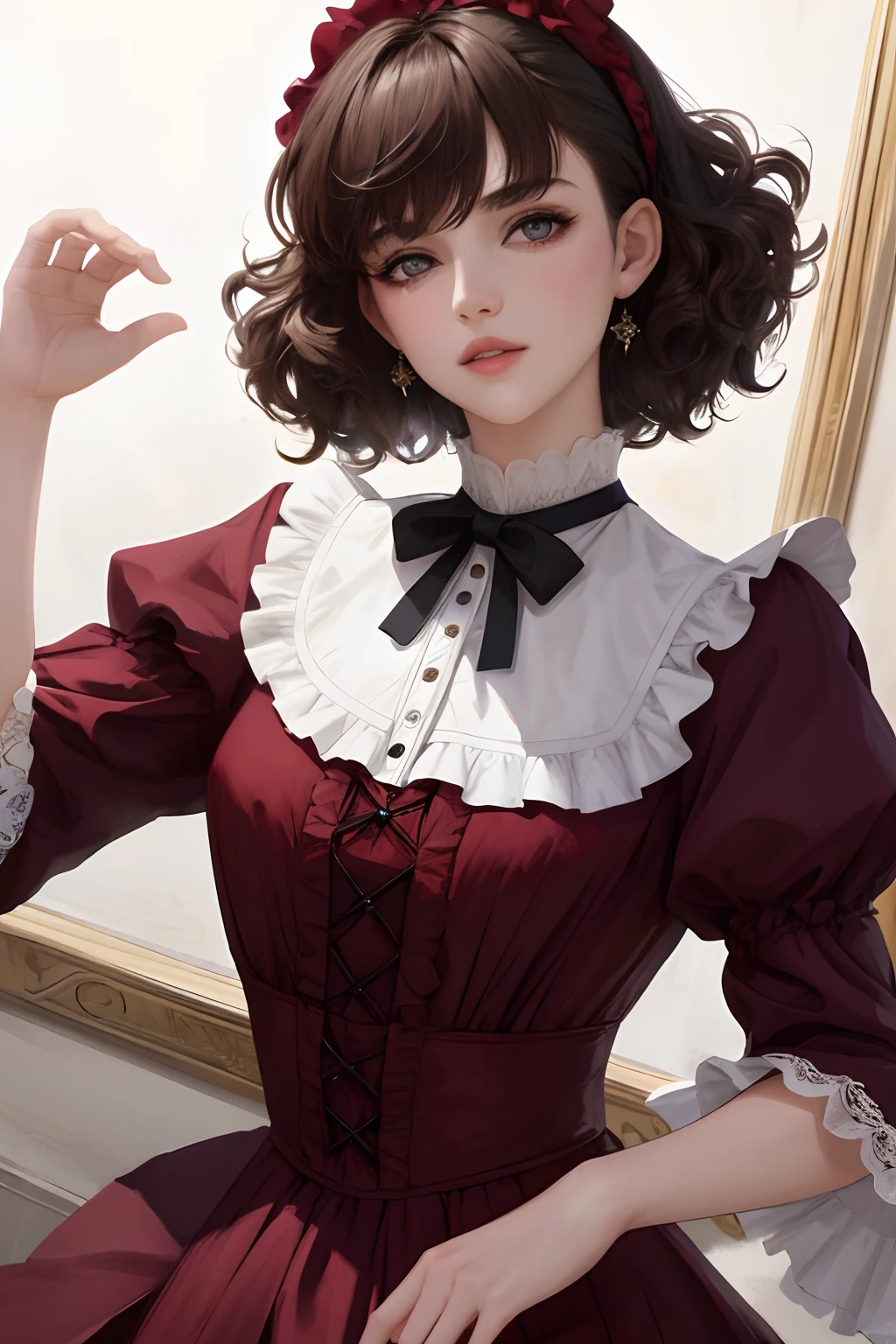 8k, best quality, masterpiece, highly detailed, semi realistic, 1 girl, young woman, 20 years old, dark brown short hair, curly hair, bangs, deep purple eyes, Lolita style, court top long dress, puffy skirt, slim figure, no headwear