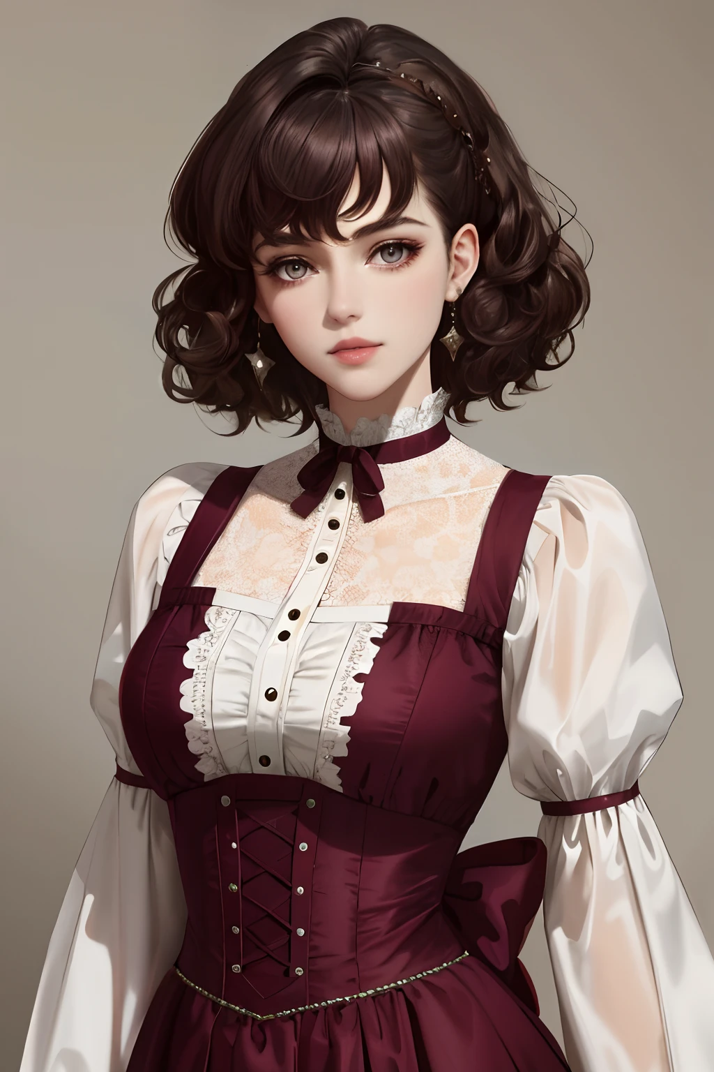 8k, best quality, masterpiece, highly detailed, semi realistic, 1 girl, young woman, 20 years old, dark brown short hair, curly hair, bangs, deep purple eyes, Lolita style, court top long dress, puffy skirt, slim figure, no headwear