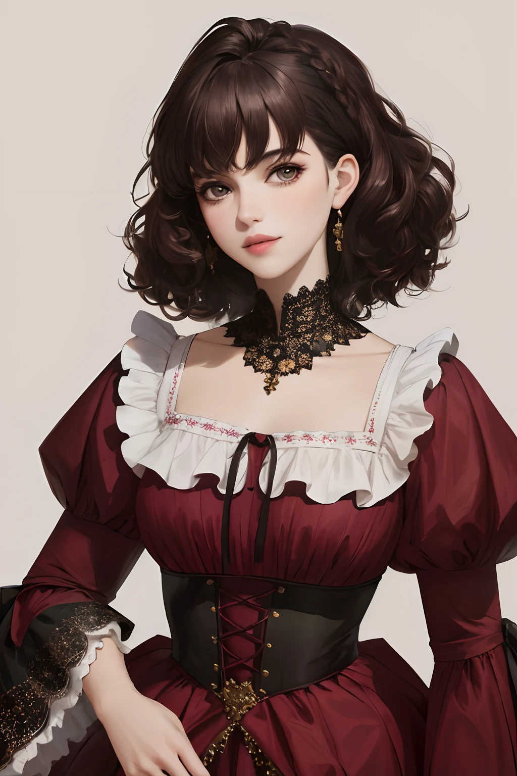 8k, best quality, masterpiece, highly detailed, semi realistic, 1 girl, young woman, 20 years old, dark brown short hair, curly hair, bangs, deep purple eyes, Lolita style, court top long dress, puffy skirt, slim figure, no headwear