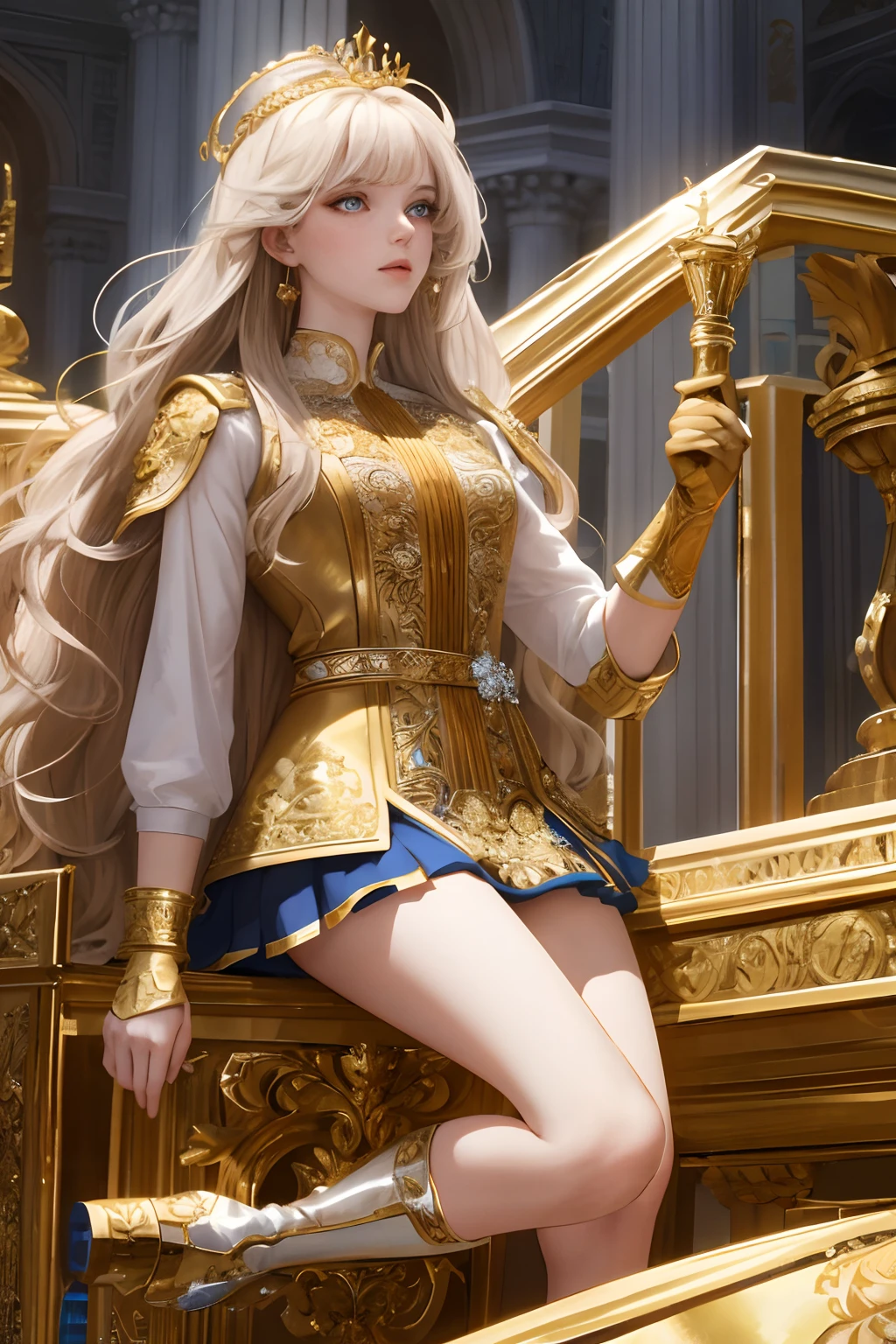 8k, best quality, masterpiece, highly detailed, semi realistic, 1 girl, young female, 19 years old, golden long hair, right eye covered by Bangs, blue right eye, jewelry crown, palace style white and gold short skirts, golden iron boots, slim figure, holding a sword,