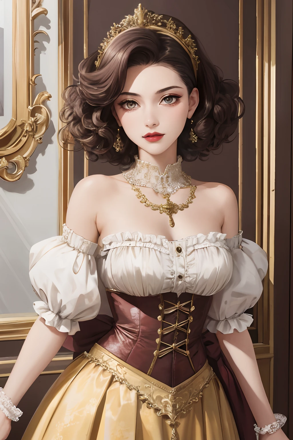 8k, best quality, masterpiece, highly detailed, semi realistic, a girl, young woman, 20 years old, dark brown short hair, curly hair, banks, dark purple eyes, red lips, gorgeous Rococo style court dress, strapless skirt, cross tie vest, bare shoulders, arm puffy sleeves, gold gem necklace, slim figure, silver crown, cold expression