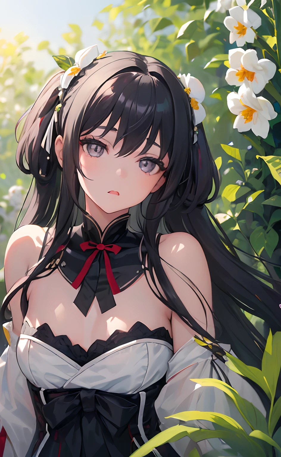 (little girl:1.5),lace,ribbon,hanfu,(masterpiece, sidelighting, finely detailed beautiful gray eyes: 1.2), masterpiece, realistic, glowing eyes,shiny hair,black hair,long long hair, lustrous skin, solo, embarassed,Strapless,exquisite,beautifly,garden,flowers,flying petals,