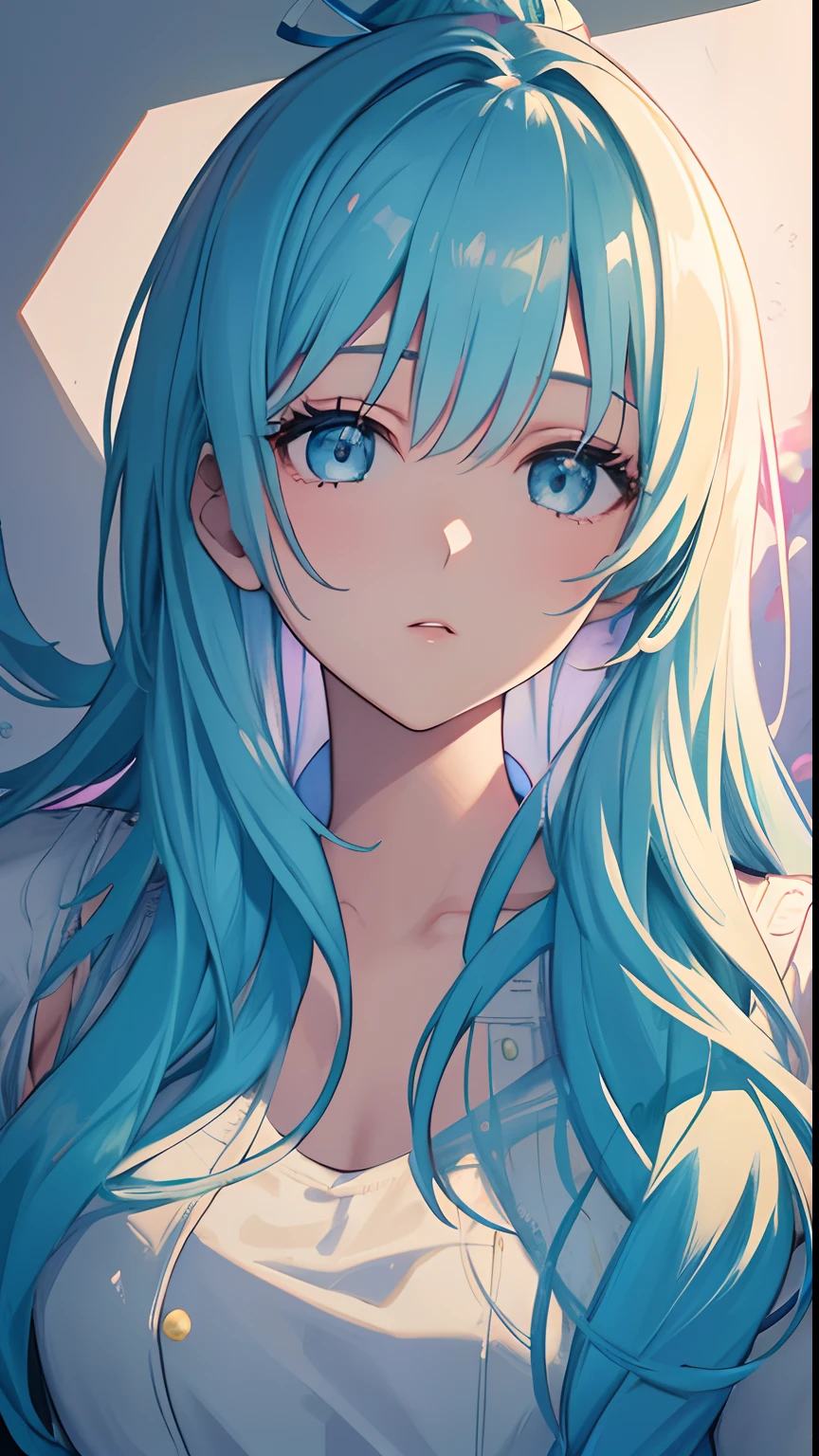 (masterpiece), (best quality), (ultra detailed),(disheveled hair),(illustration), (1girl), (Fashionable clothing), standing, Fashion model, looking at viewer, (interview), (simple background),beautiful detailed eyes, delicate beautiful face, Floating,(high saturation),(colorful splashes),colorful bubble,(shining), focus on face, ponytail, kamisato ayaka, light blue hair, bangs, hair ring, floating flowers, floating hairs, (shining), best lighting, best shadow,