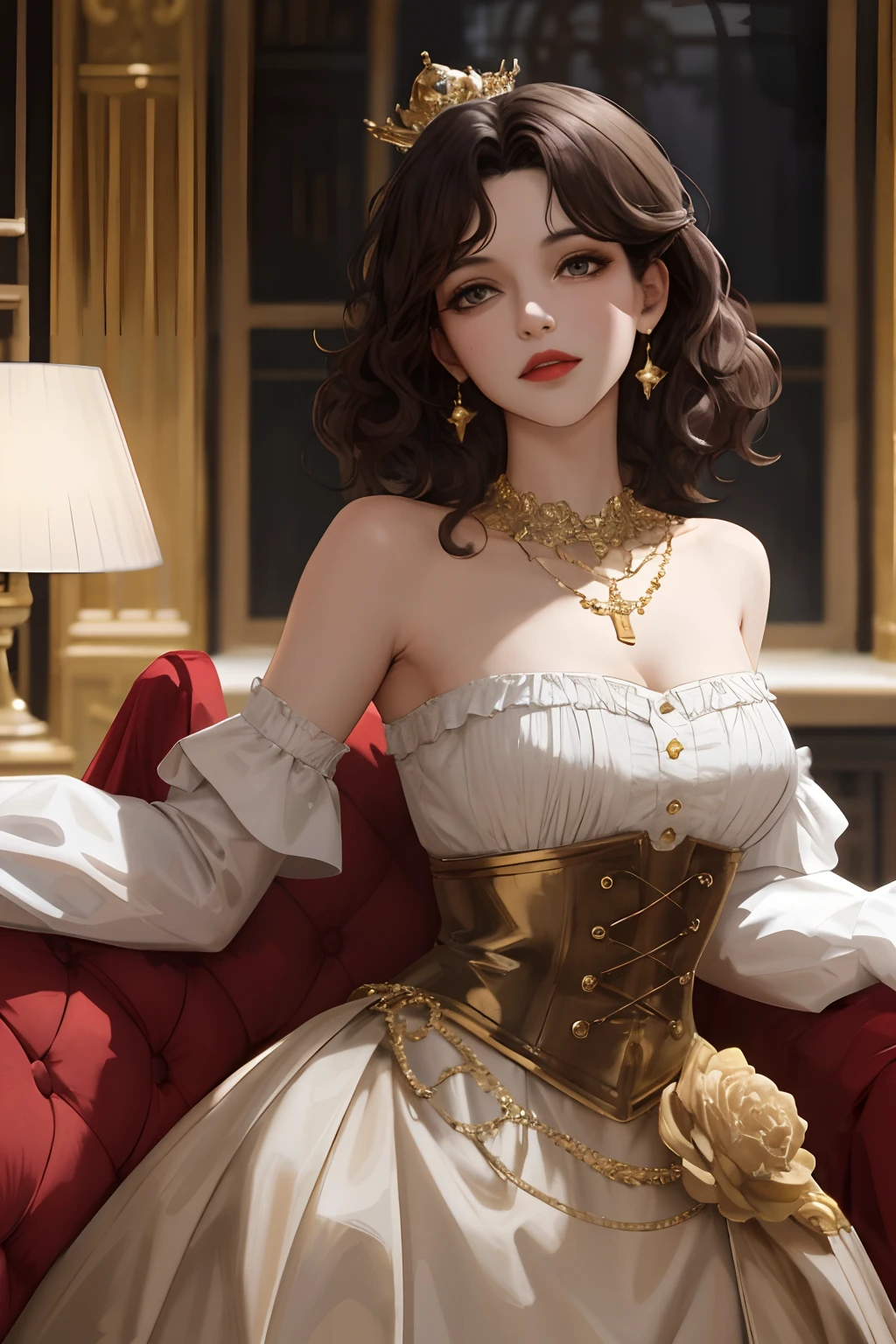 8k,（canvas16:9） best quality, masterpiece, highly detailed, semi realistic, a girl, young woman, 20 years old, dark brown short hair, curly hair, banks, dark purple eyes, red lips, gorgeous Rococo style court dress, strapless skirt, cross tie vest, bare shoulders, arm puffy sleeves, gold gem necklace, slim figure, silver crown, cold expression，Court Background