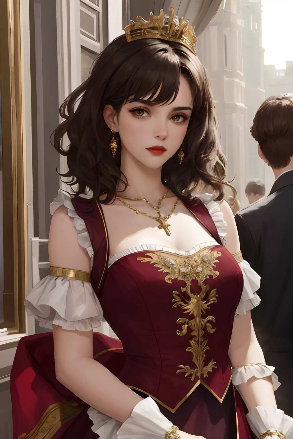 8k,（canvas16:9） best quality, masterpiece, highly detailed, semi realistic, a girl, young woman, 20 years old, dark brown short hair, curly hair, banks, dark purple eyes, red lips, gorgeous Rococo style court dress, strapless skirt, cross tie vest, bare shoulders, arm puffy sleeves, gold gem necklace, slim figure, silver crown, cold expression，Court Background，A cold expression, a serious expression