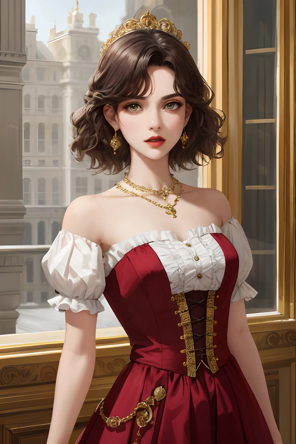 8k,（canvas16:9） best quality, masterpiece, highly detailed, semi realistic, a girl, young woman, 20 years old, dark brown short hair, curly hair, banks, dark purple eyes, red lips, gorgeous Rococo style court dress, strapless skirt, cross tie vest, bare shoulders, arm puffy sleeves, gold gem necklace, slim figure, silver crown, cold expression，Court Background，A cold expression, a serious expression