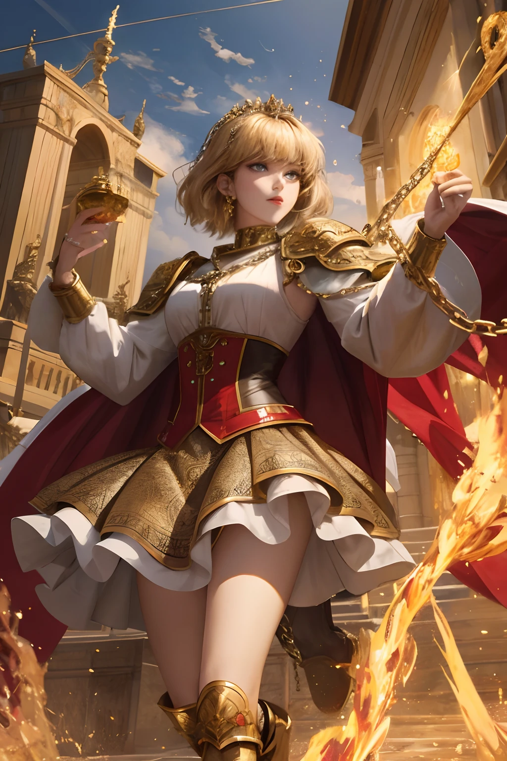 8K, best quality, masterpiece, highly detailed, semi realistic, 1 girl, mature female, 21 years old, golden short hair, left eye covered by hair, blue right eye emitting red flames, crown made of gemstone gold, king's clothing, red cloak, palace style short skirt, golden iron boots, slim figure, chain, chain layout, chain summoning, battle elements，7:3 bangs，Medium length hair