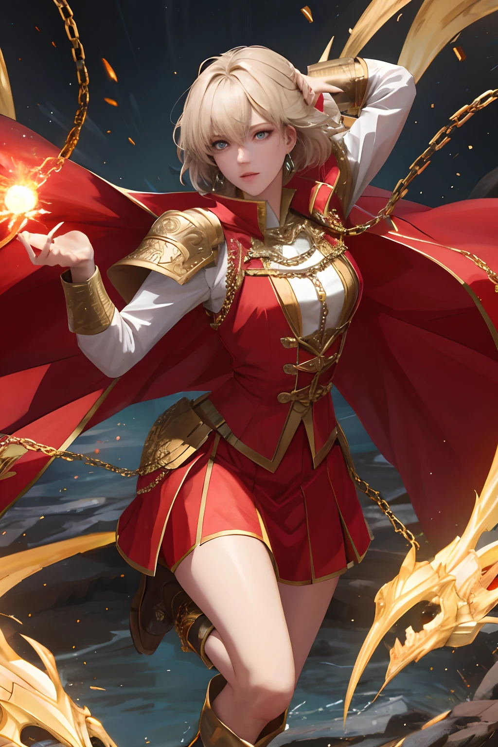 8K, best quality, masterpiece, highly detailed, semi realistic, 1 girl, mature female, 21 years old, golden short hair, left eye covered by hair, blue right eye emitting red flames, crown made of gemstone gold, king's clothing, red cloak, palace style short skirt, golden iron boots, slim figure, chain, chain layout, chain summoning, battle elements，7:3 bangs，Medium length hair