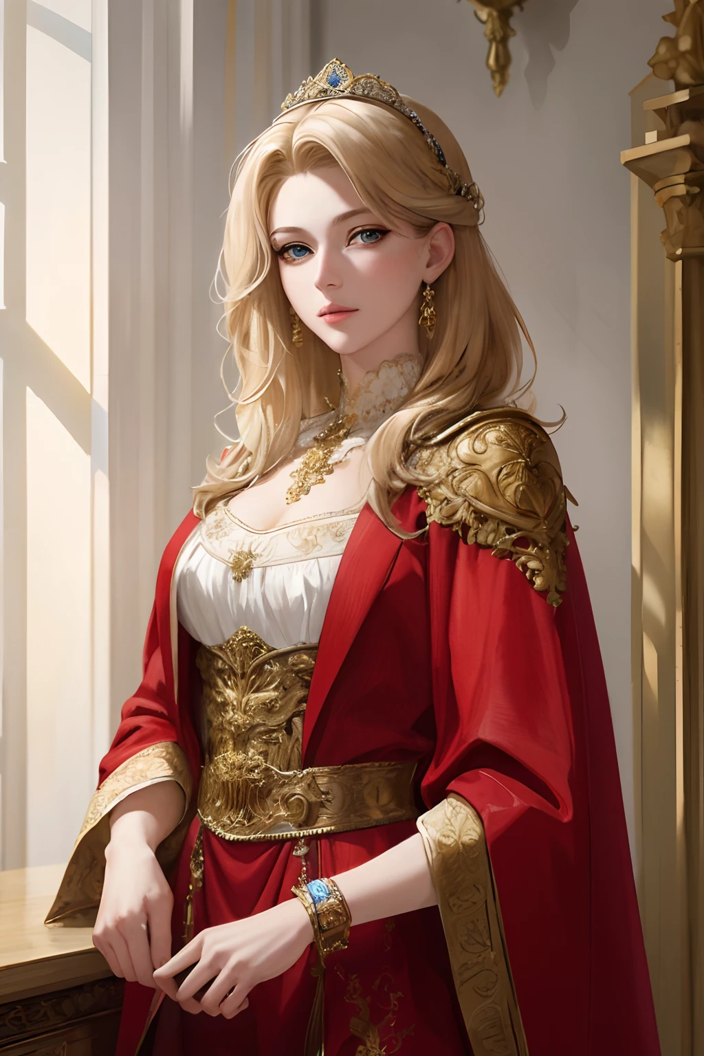 (masterpiece:1.2, best quality), realistic, (real picture, intricate details, depth of field), Best quality, masterpiece, highly detailed, semi realistic, 1 girl, mature female, 21 years old, with short golden hair, left eye covered by hair, blue eyes, king's clothing, red cloak, slim figure