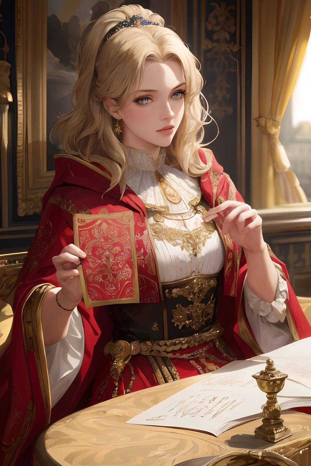 (masterpiece:1.2, best quality), realistic, (real picture, intricate details, depth of field), Best quality, masterpiece, highly detailed, semi realistic, 1 girl, mature female, 21 years old, with short golden hair, left eye covered by hair, blue eyes, king's clothing, red cloak, slim figure