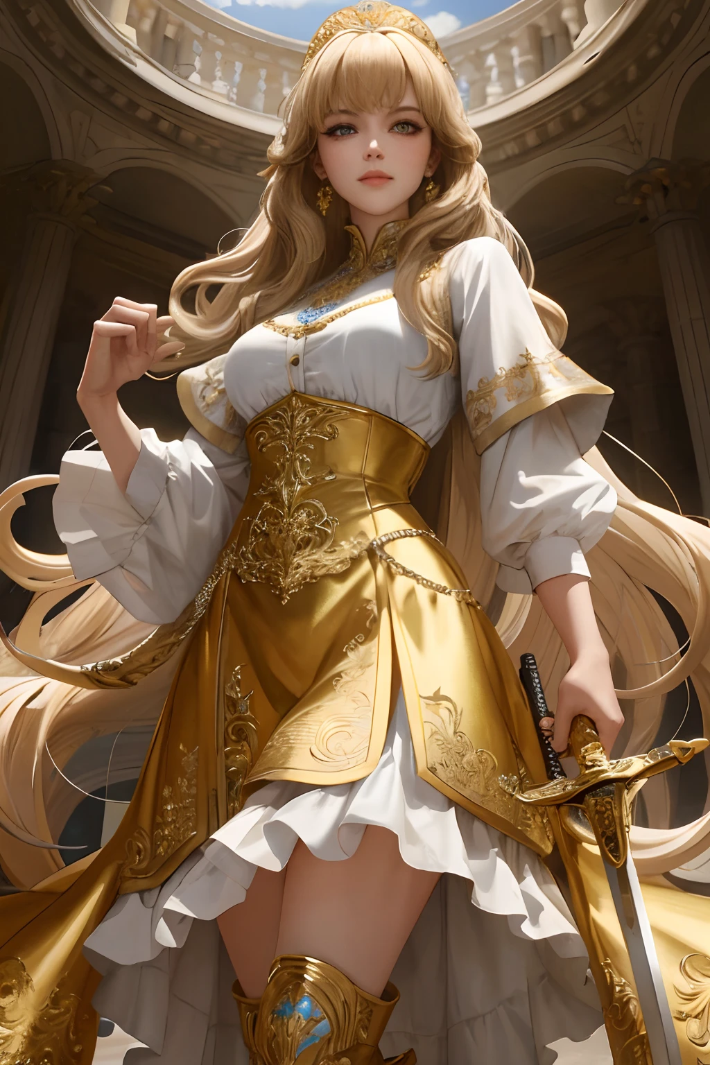 (masterpiece:1.2, best quality), realistic, (real picture, intricate details, depth of field),8k, best quality, masterpiece, highly detailed, semi realistic, 1 girl, young female, 19 years old, golden long hair, right eye covered by Bangs, blue right eye, jewelry crown, palace style white and gold short skirts, golden iron boots, slim figure, holding a sword,