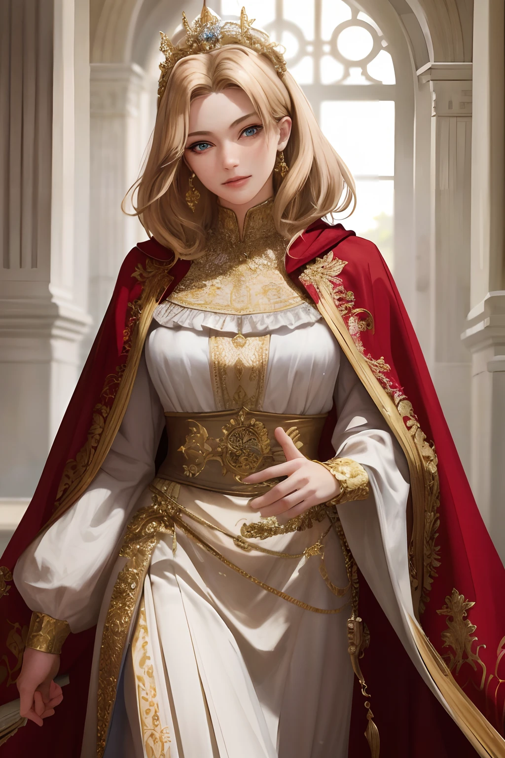 (masterpiece:1.2, best quality), realistic, (real picture, intricate details, depth of field), Best quality, masterpiece, highly detailed, semi realistic, 1 girl, mature female, 21 years old, with short golden hair, left eye covered by hair, blue eyes, king's clothing, red cloak, slim figure,A crown made of precious gold,read and comment on documents