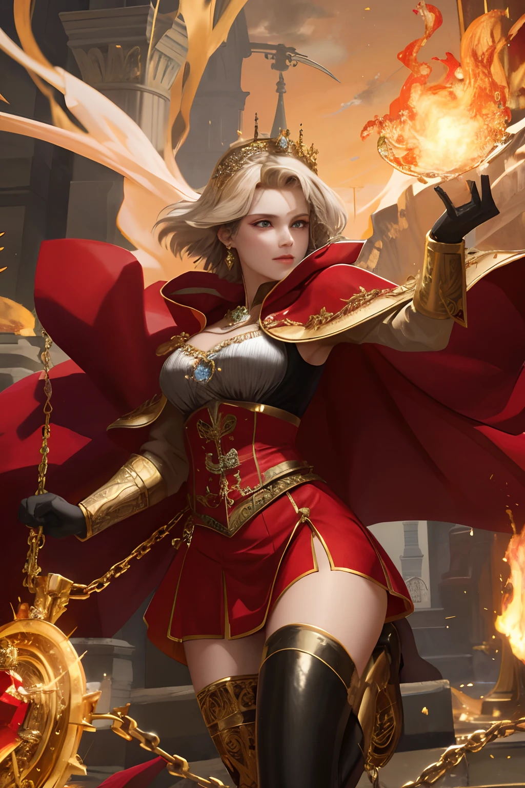 (masterpiece:1.2, best quality), realistic, (real picture, intricate details, depth of field), 8K, best quality, masterpiece, highly detailed, semi realistic, 1 girl, mature female, 21 years old, golden short hair, left eye covered by hair, blue right eye emitting red flames, crown made of gemstone gold, king's clothing, red cloak, palace style short skirt, golden iron boots, slim figure, chain, chain layout, chain summoning, battle elements,War background,War, smoke, flames