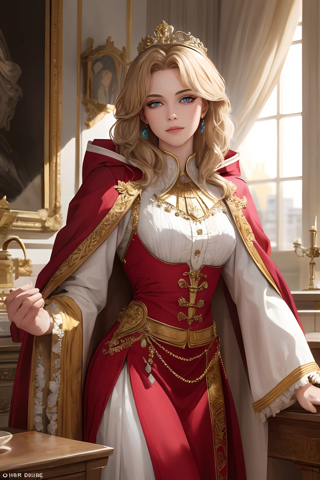 (masterpiece:1.2, best quality), realistic, (real picture, intricate details, depth of field), Best quality, masterpiece, highly detailed, semi realistic, 1 girl, mature female, 21 years old, with short golden hair, left eye covered by hair, blue eyes, king's clothing, red cloak, slim figure，A crown made of precious gold,read and comment on documents
