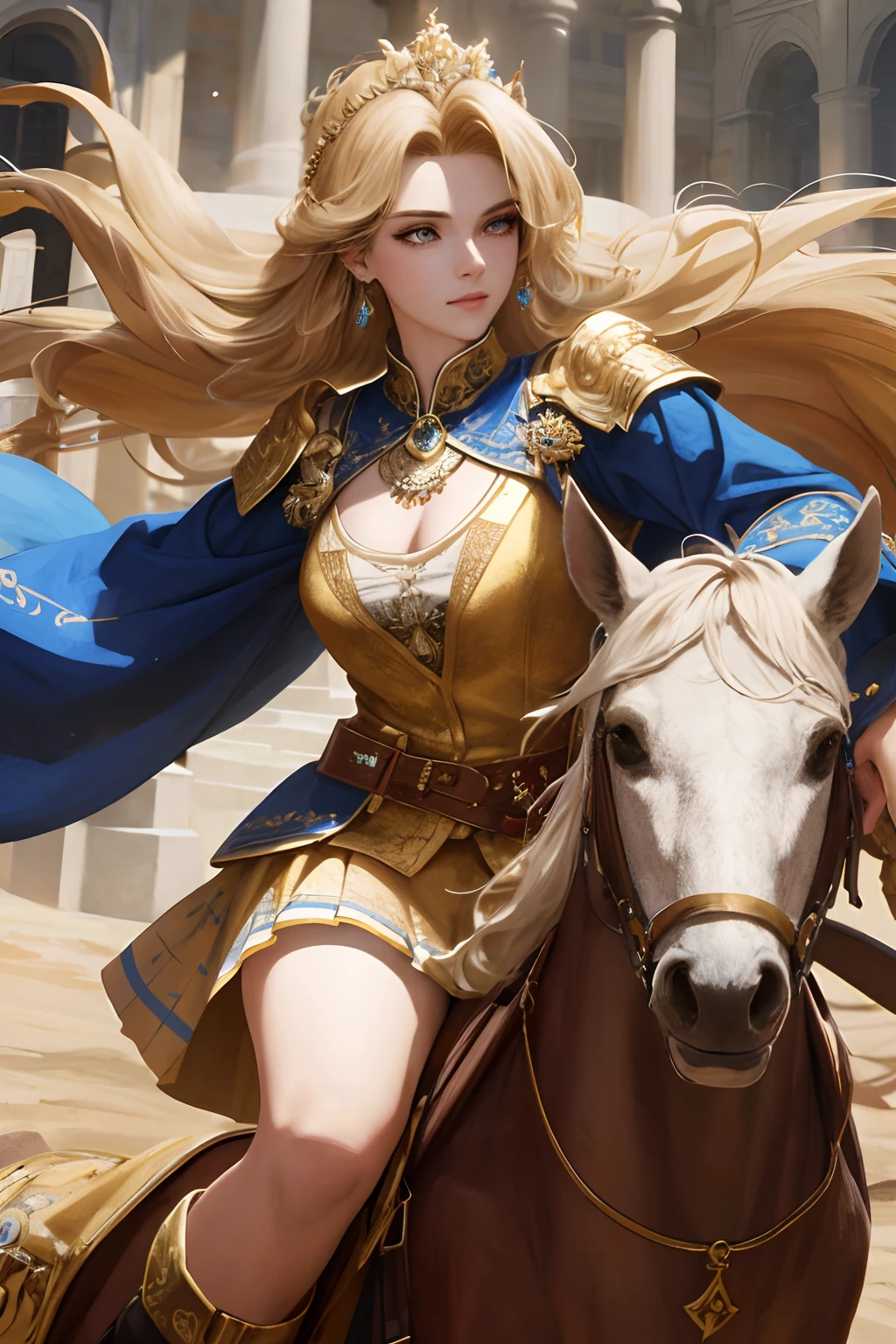 (Representative work: 1.2, best quality), realistic, (realistic, complex details, depth of field), 8k, best quality, representative work, high detail, semi realistic, 1 girl, young woman, 19 years old, golden long hair, right eye covered with hair, blue right eye, jewelry crown, palace style white and gold short skirts, golden iron boots, slim figure, wielding sword,ride a horse