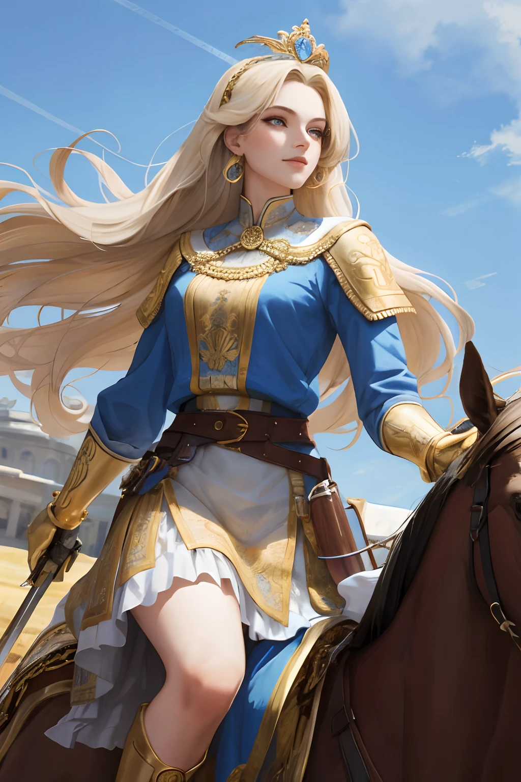 (Representative work: 1.2, best quality), realistic, (realistic, complex details, depth of field), 8k, best quality, representative work, high detail, semi realistic, 1 girl, young woman, 19 years old, golden long hair, right eye covered with hair, blue right eye, jewelry crown, palace style white and gold short skirts, golden iron boots, slim figure, wielding sword,ride a horse