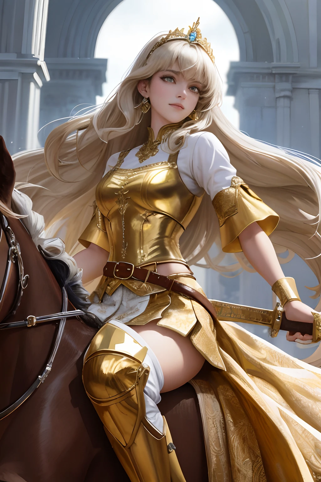 (Representative work: 1.2, best quality), realistic, (realistic, complex details, depth of field), 8k, best quality, representative work, high detail, semi realistic, 1 girl, young woman, 19 years old, golden long hair, bangs, right eye covered with hair, blue right eye, jewelry crown, palace style white and gold short skirts, golden iron boots, slim figure, sword wielding, horseback riding,