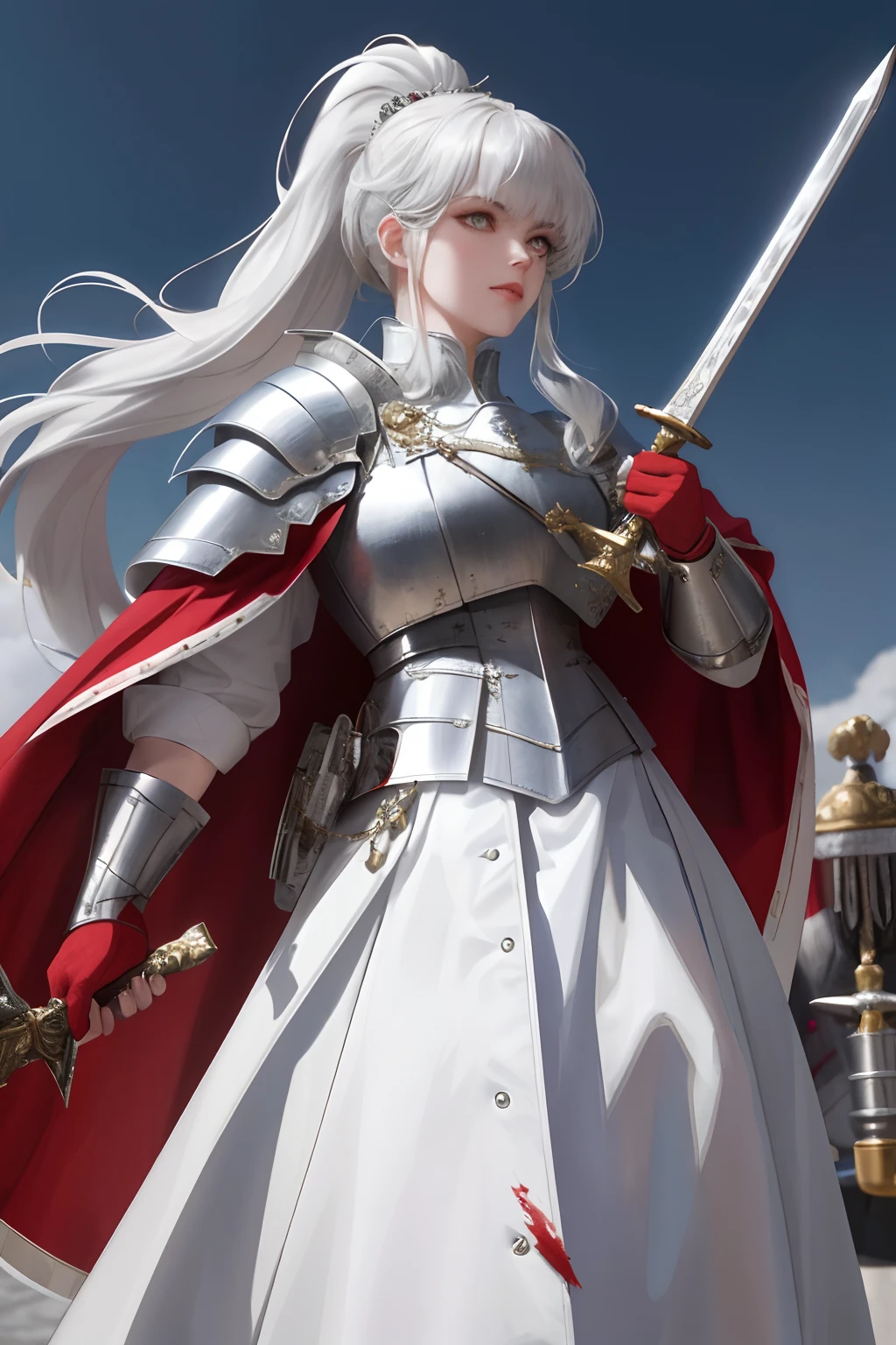 8k, best quality, masterpiece, highly detailed, semi realistic, 1 girl, mature female, 20 years old, silver white long hair, high ponytail, bangs, red pupils, silver white armor, white fluffy skirt, silver iron boots, red white fluffy brimmed cloak, wielding sword, knight, coronation ceremony，War, flames, bloodstains