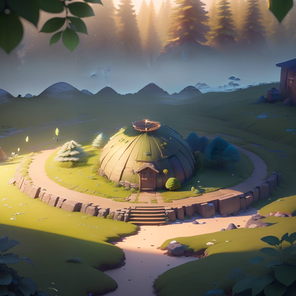 masterpiece, best quality, (extremely detailed CG unity 8k wallpaper), (best quality), (best illustration), (best shadow), A round turnip hut covered with moss, isometric 3D, octane render,ray tracing,ultra detailed