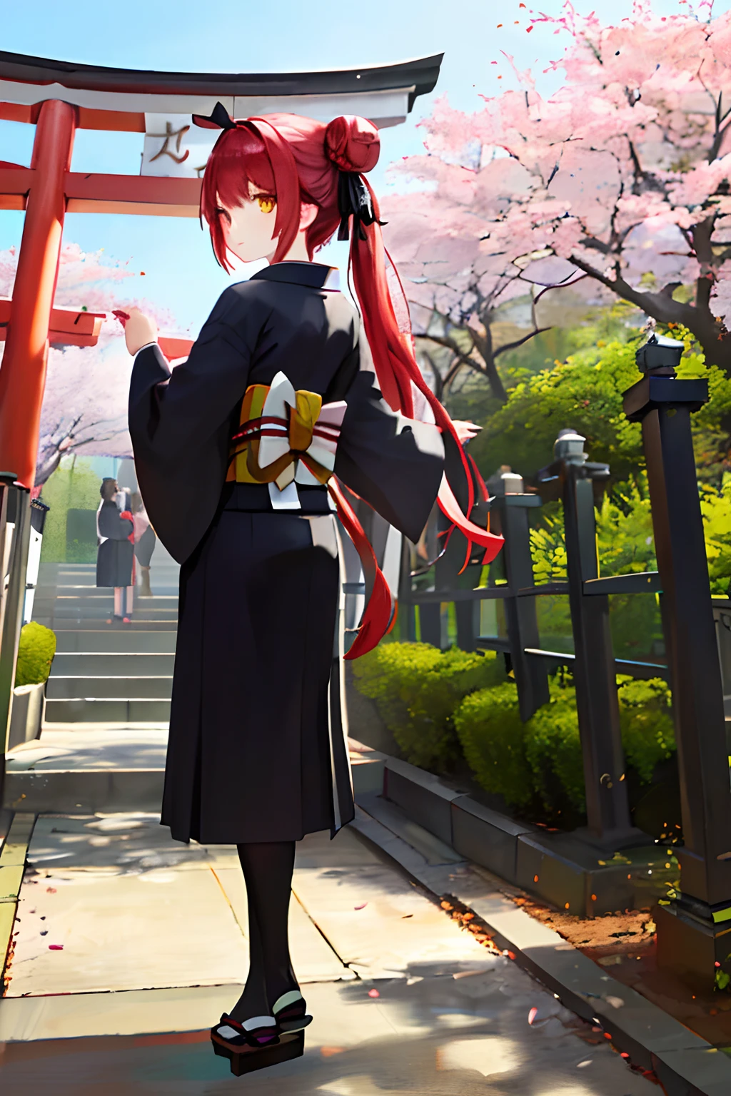 ((masterpiece,best quality)),2girls, black kimono, black legwear, black ribbon, black hair, cherry blossoms, day, flower, hair bun, hair ribbon, japanese clothes, kimono, long hair, looking at viewer, looking back, multiple girls, obi, outdoors, red eyes, red hair, ribbon, sandals, single hair bun, stairs, standing, statue, torii, tree, white kimono, yellow eyes