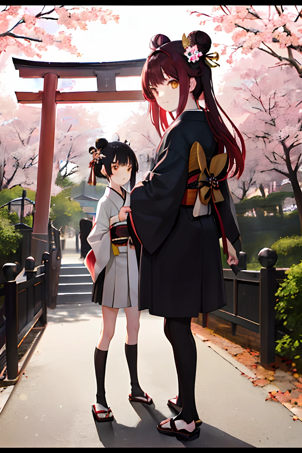 ((masterpiece,best quality)),2girls, black kimono, black legwear, black ribbon, black hair, cherry blossoms, day, flower, hair bun, hair ribbon, japanese clothes, kimono, long hair, looking at viewer, looking back, multiple girls, obi, outdoors, red eyes, red hair, ribbon, sandals, single hair bun, stairs, standing, statue, torii, tree, white kimono, yellow eyes