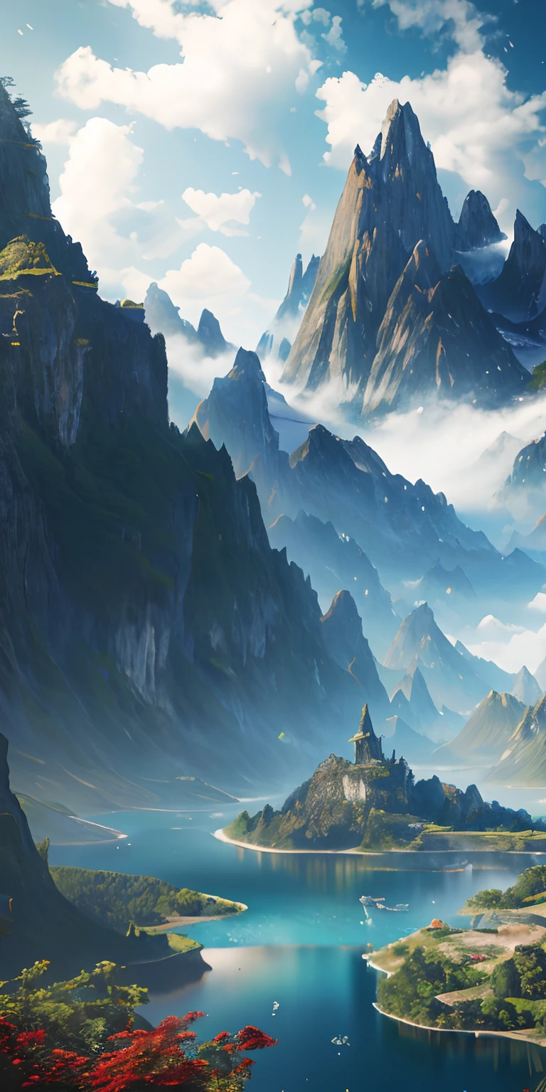 masterpiece, best quality, high quality, extremely detailed CG unity 8k wallpaper, scenery, outdoors, sky, cloud, day, no humans, mountain, landscape, water, tree, blue sky, waterfall, cliff, nature, lake, river, cloudy sky,award winning photography, Bokeh, Depth of Field, HDR, bloom, Chromatic Aberration ,Photorealistic,extremely detailed, trending on artstation, trending on CGsociety, Intricate, High Detail, dramatic, art by midjourney
